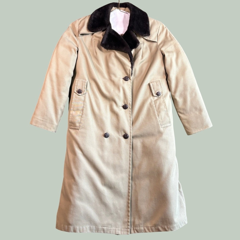 Vtg Eddie Bauer Women Goose Down Trench Coat 8 Tan Faux Fur Trim Vintage Parka